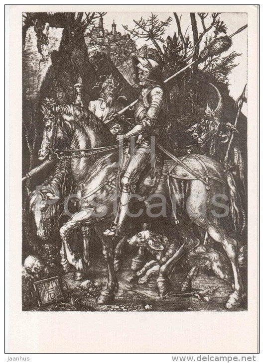 drawing by Albrecht Dürer - Knight . Death and Devil , 1513 - horse - german art - unused - JH Postcards
