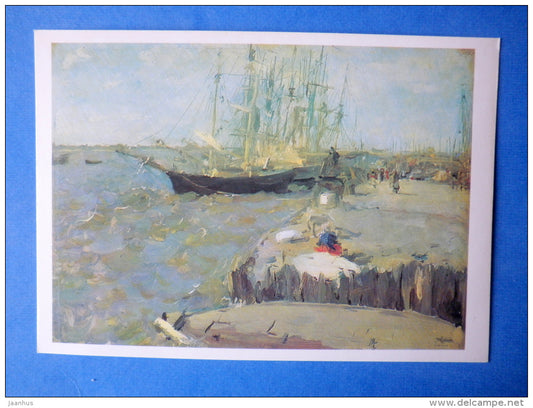 painting by V. A. Serov - Arkhangelsk port , 1894 - sailing ship - russian art - unused - JH Postcards