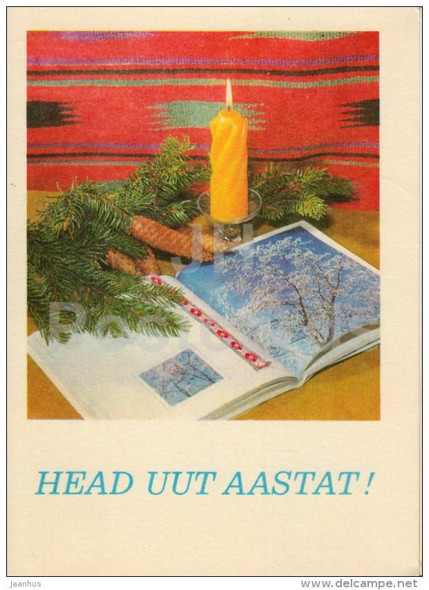 New Year Greeting card - 3 - cones - candle - book - 1974 - Estonia USSR - used - JH Postcards