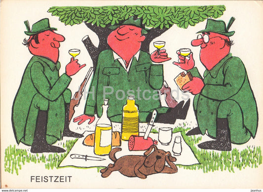 Feistzeit - dog - hunter - Horrido & Weidmannsheil - humour - DDR Germany - unused - JH Postcards