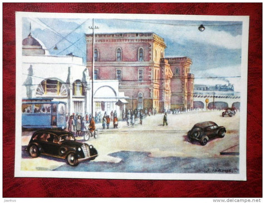 Painting by Z. Talberga - Riga. Central Railway Station - cars - tram -  latvian art - unused - JH Postcards