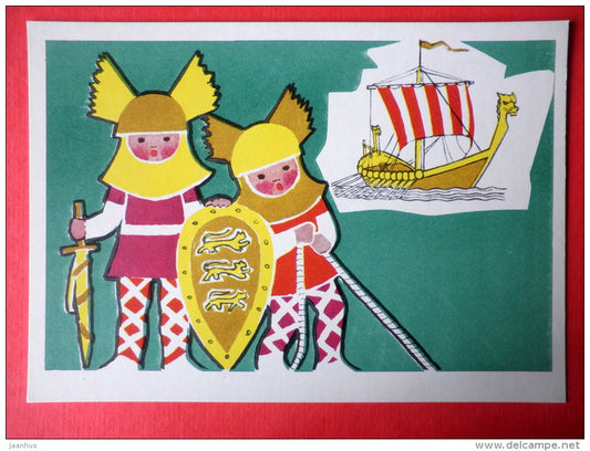 illustration by E. Rapoport - Viking Rowing Boat - middle ages - Little Seafarers - 1971 - Russia USSR - unused - JH Postcards