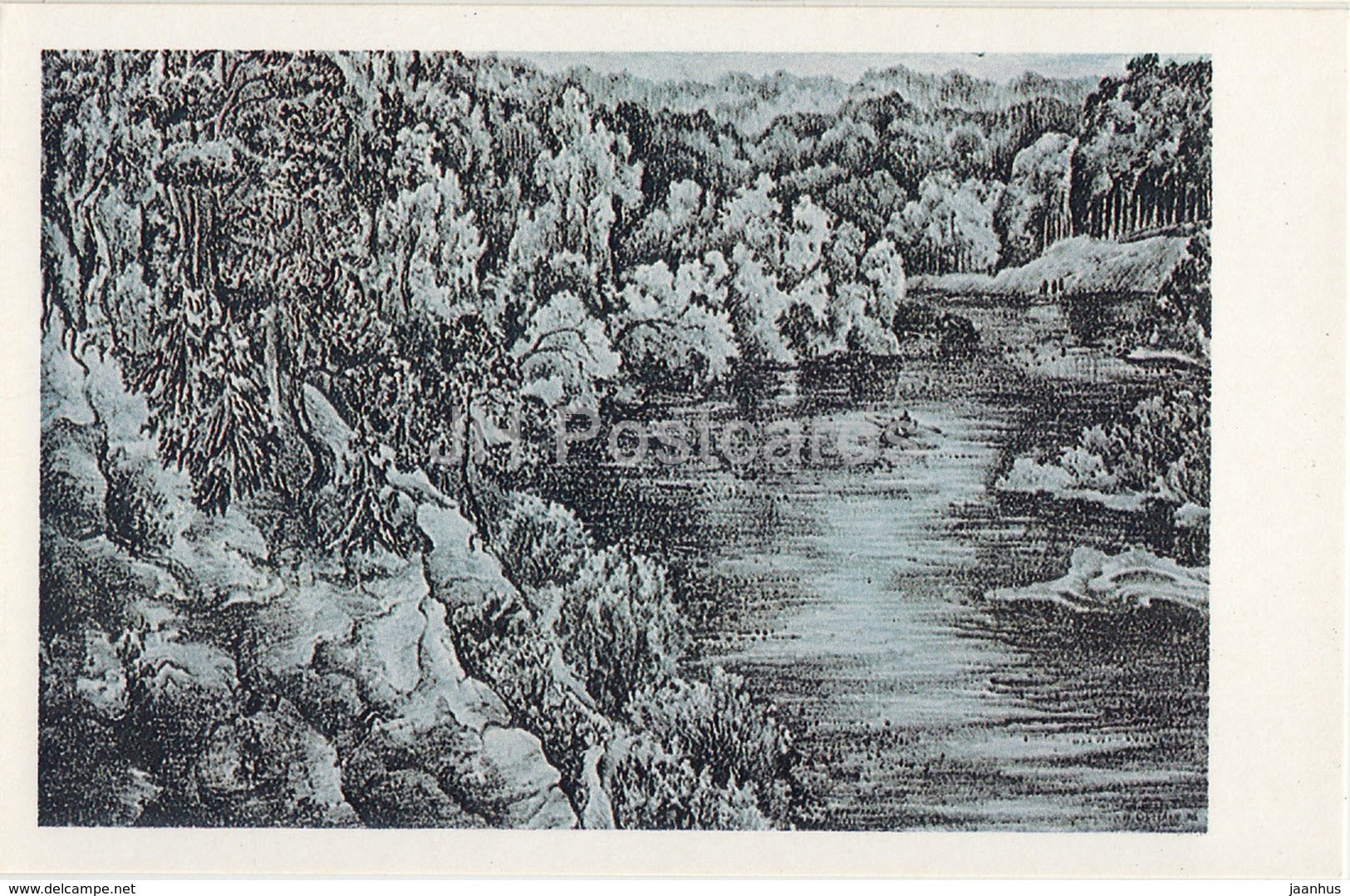 Lithography by R. Opmane - The Gauja River - latvian art - Gauja National Park - 1982 - Latvia USSR - unused - JH Postcards
