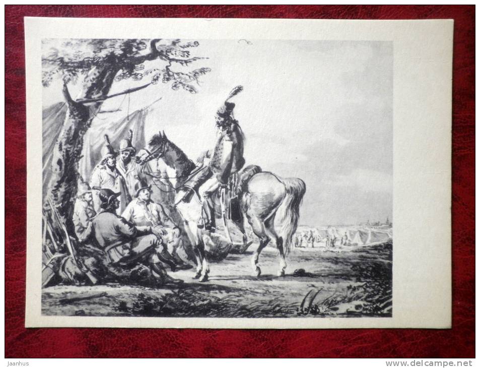 Painting by A.O. Orlowski - camp scene - art - postcard printed in 1959 - Russia - USSR - unused - JH Postcards