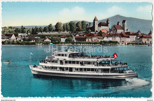 Rapperswil gegen den Bachtel mit Motorschiff Linth - ship - 130 - Switzerland - old postcard - unused - JH Postcards