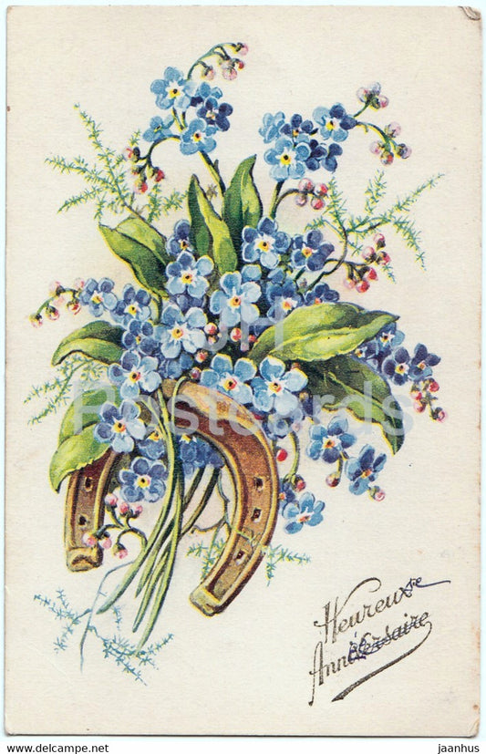 Birthday Greeting Card - blue flowers - horseshoe - illustration - old postcard - 1946 - France - used - JH Postcards