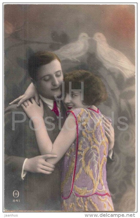 couple - man and woman - dove - 841 - circulated in Estonia 1930s - JH Postcards