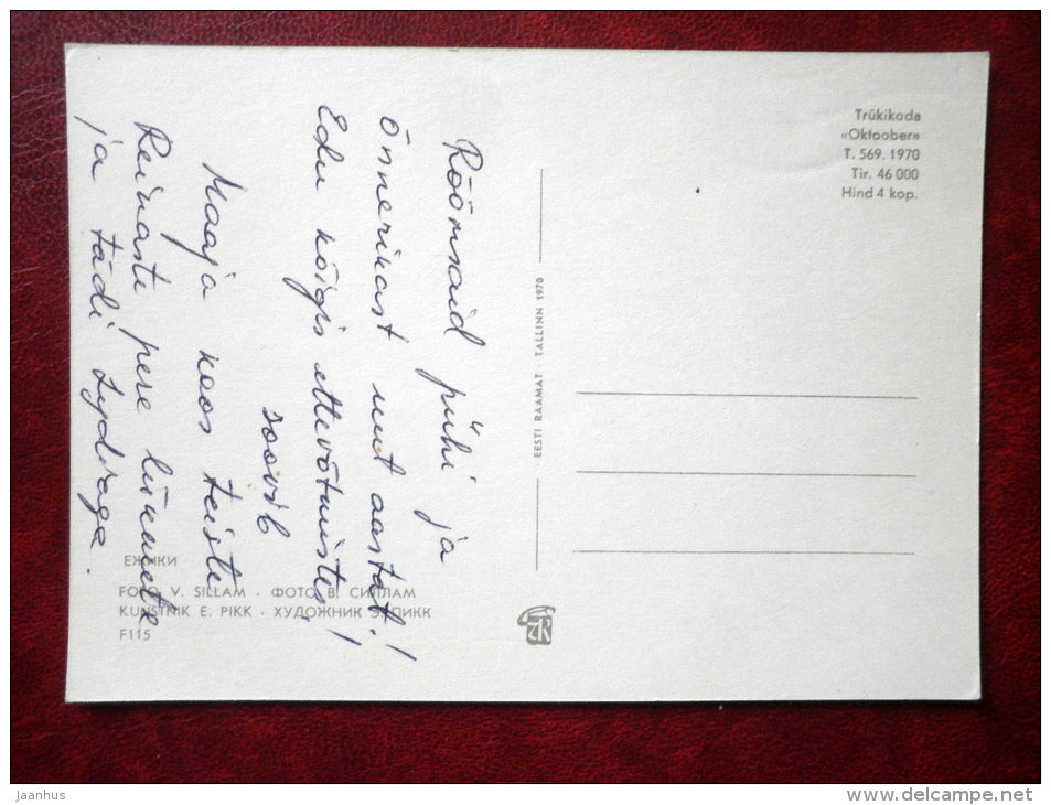 New Year Greeting card - hedgehogs - ladybug - 1970 - Estonia USSR - used - JH Postcards