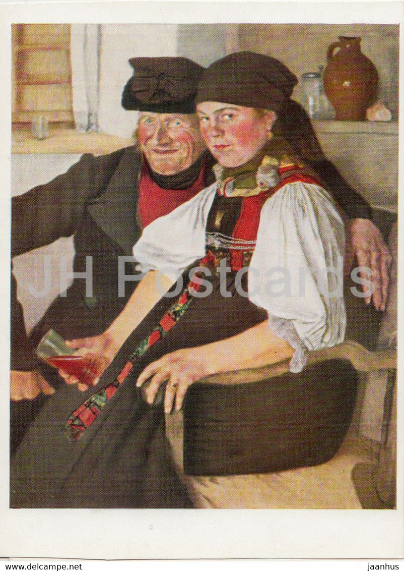painting by Wilhelm Leibl - Ungleiches Paar - folk costumes - German art - 1973 - Germany - unused - JH Postcards
