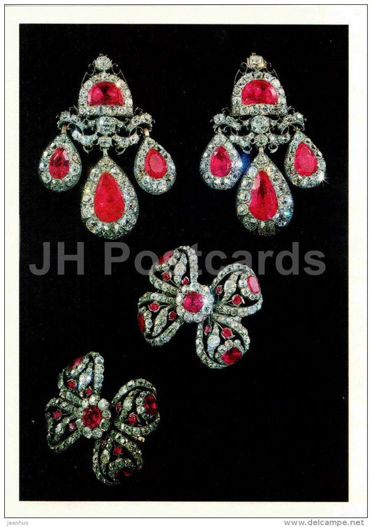Girandole Earrings and Hairpins , XVIII c - gold - silver - rubies - Diamond Fund - Moscow - 1991 - Russia USSR - unused - JH Postcards