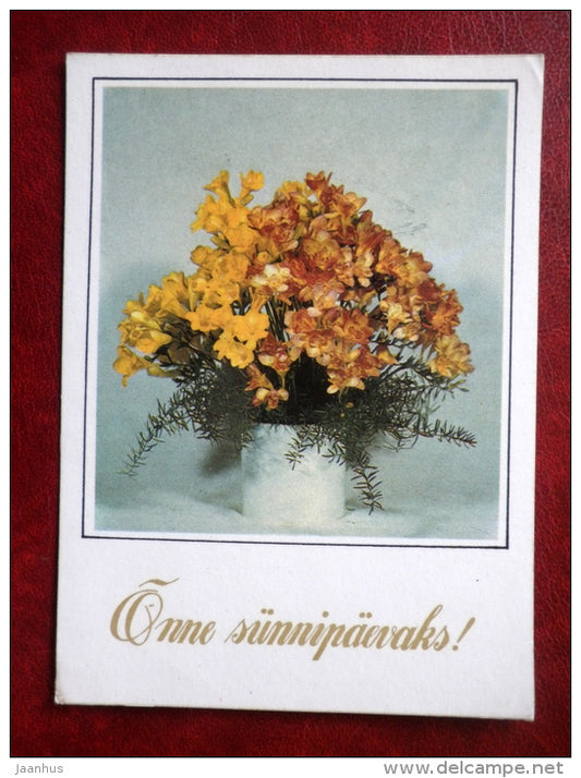 Birthday Greeting Card - yellow flowers - vase- flowers - 1990 - Estonia USSR - used - JH Postcards