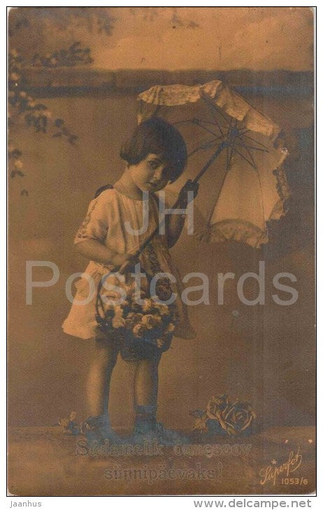 girl with umbrella - roses - flowers - Superfot 1053/6 -  Fotocelere - circulated in Estonia 1927 - JH Postcards