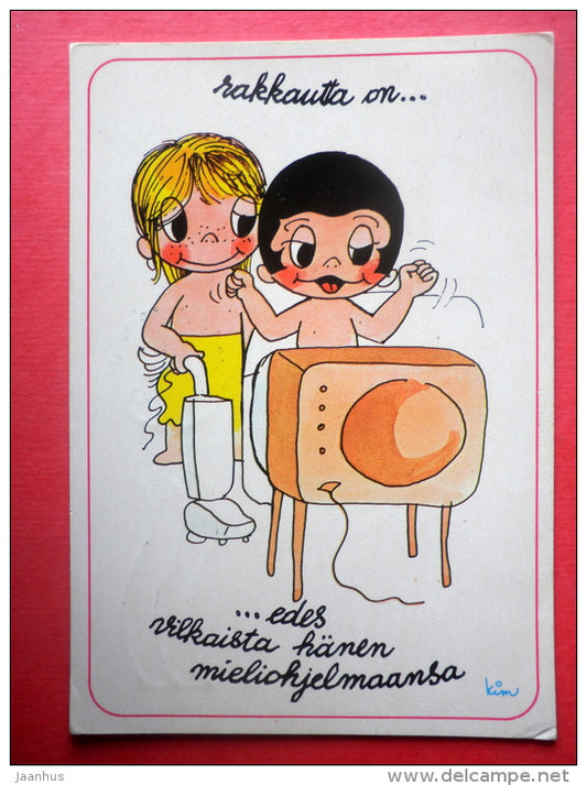 illustration by Kim - girl and boy - TV - caricature - Finland - sent from Finland to Estonia USSR 1980 - JH Postcards