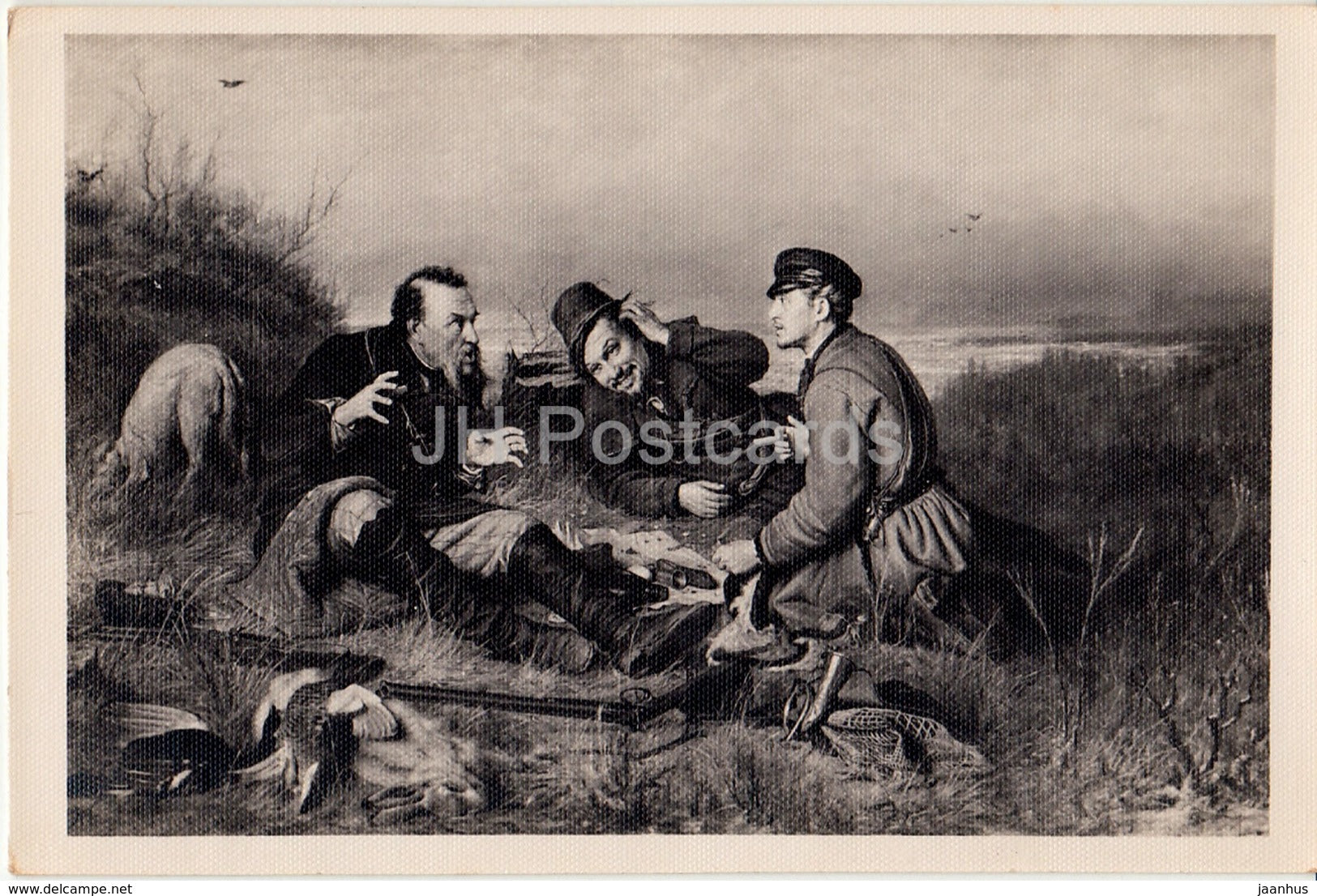 painting by V. Perov - The Hunters at Rest - gun - hare - 1963 - Russia USSR - unused - JH Postcards