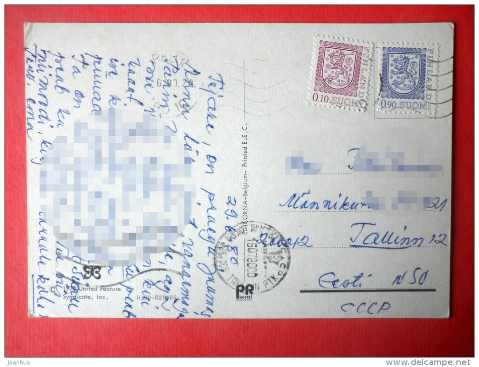 illustration by Kim - girl and boy - TV - caricature - Finland - sent from Finland to Estonia USSR 1980 - JH Postcards