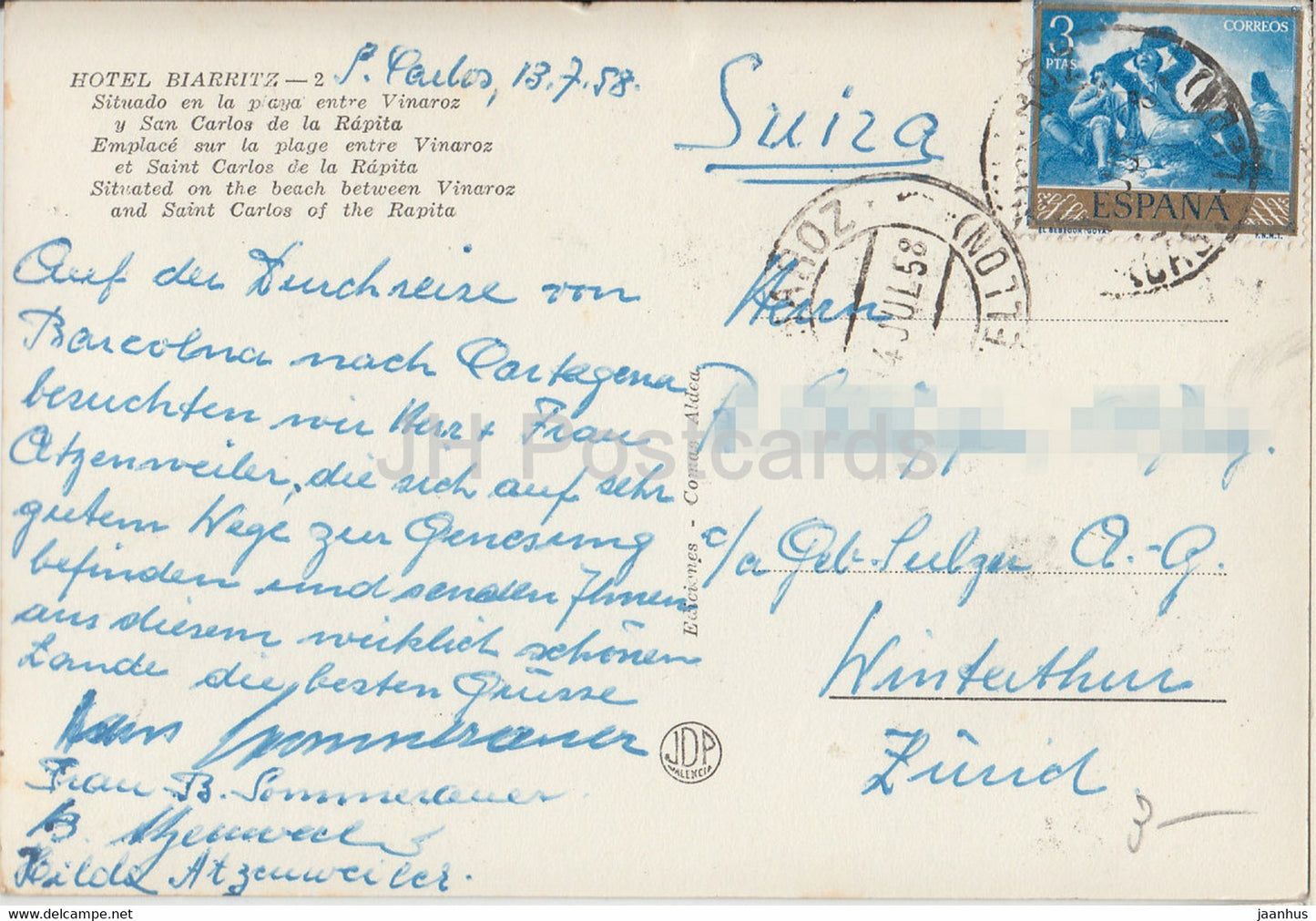 Hotel Biarritz - Situado en la playa entre Vinaroz y San Carlos de la Rapita - old postcard - 1958 - Spain - used