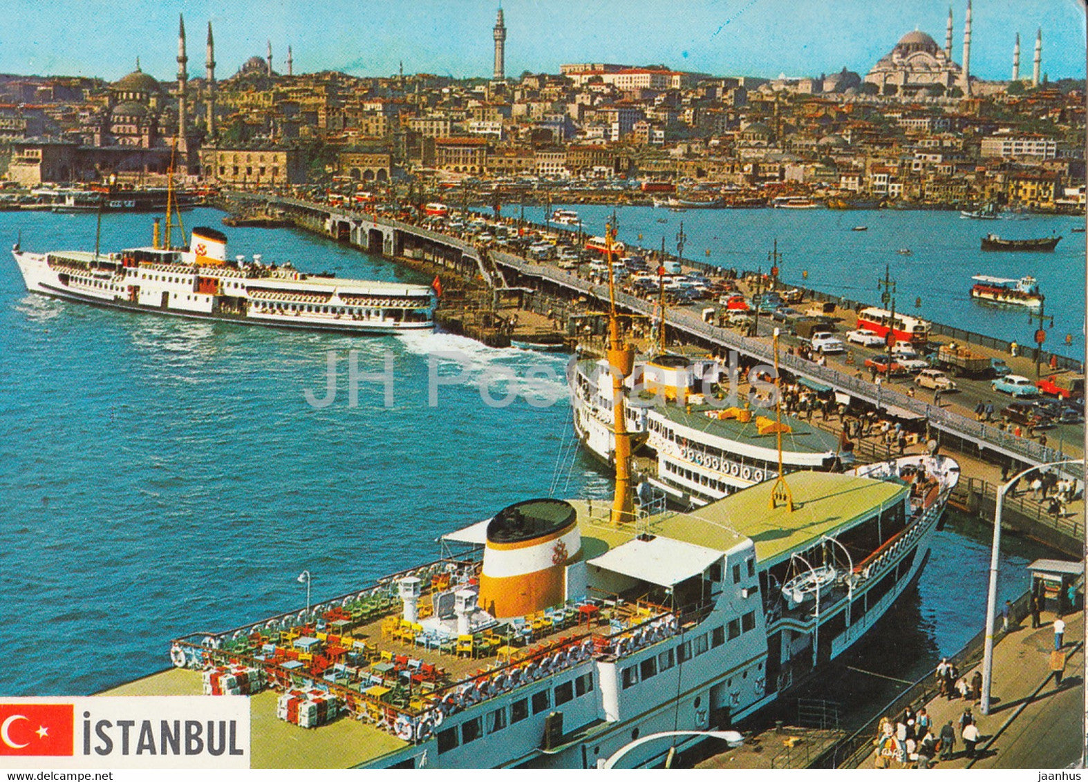 Istanbul - Galata Bridge - New Mosque and Suleymaniye - ship - car - 1983 - Turkey - used - JH Postcards