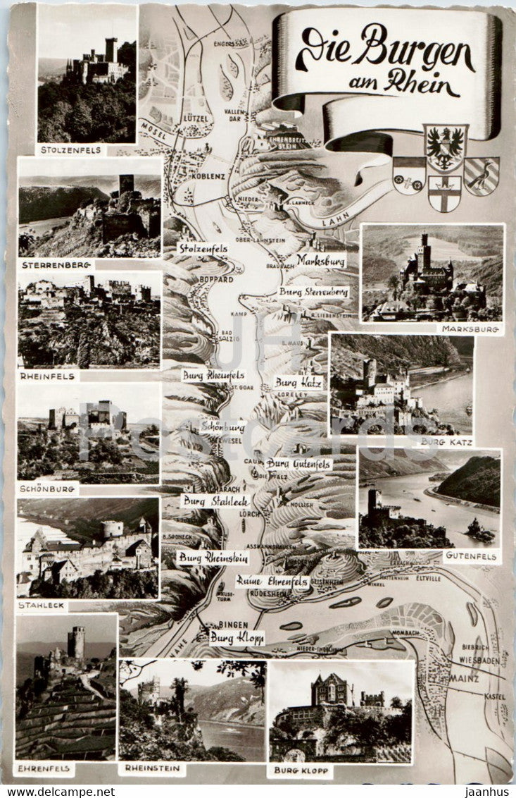 Die Burgen am Rhein - Stolzenfels - Sterrenberg - Rheinfels - Schonburg - Stahleck - old postcard - Germany - unused - JH Postcards