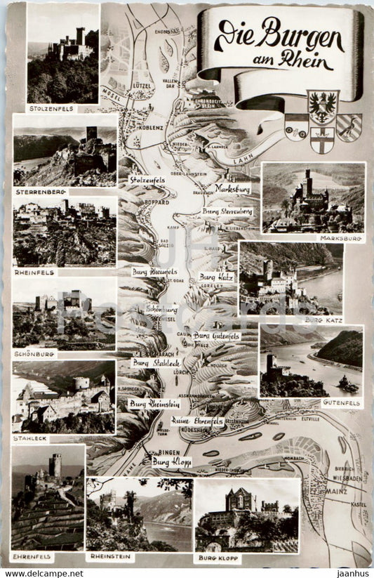 Die Burgen am Rhein - Stolzenfels - Sterrenberg - Rheinfels - Schonburg - Stahleck - old postcard - Germany - unused - JH Postcards