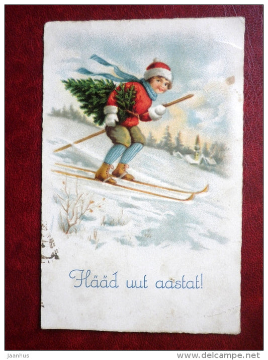New Year Greeting Card - boy skiing - christmas tree - L&B 20899 - 1920s-1930s - Estonia - used - JH Postcards