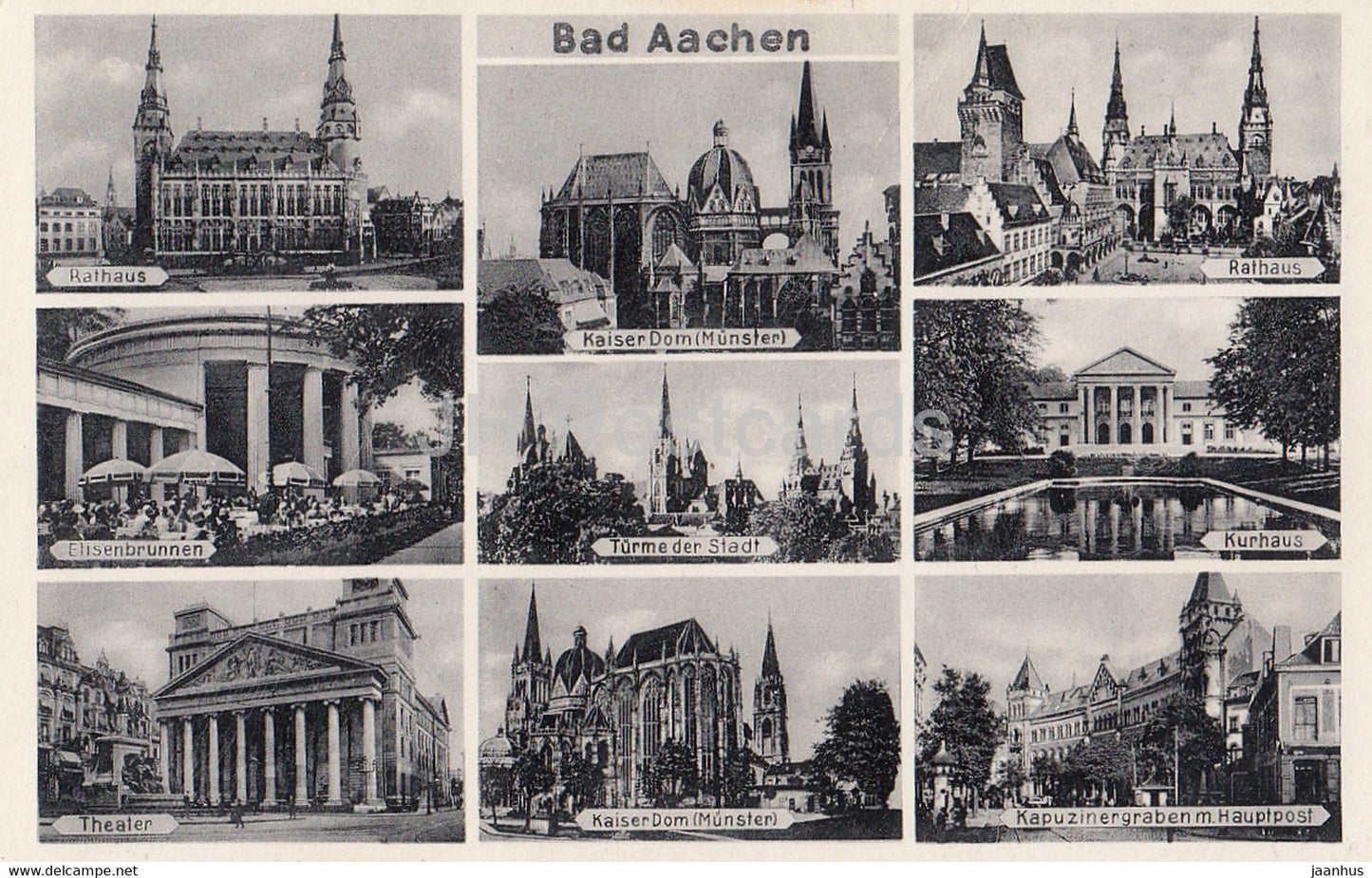 Bad Aachen - Rathaus - Elisebrunnen - Theater - Kurhaus - Kaiser Dom - old postcard - Germany - unused - JH Postcards