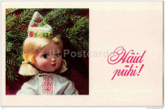 New Year Greeting card - doll in estonian Folk Costumes - candle - 1973 - Estonia USSR - used - JH Postcards