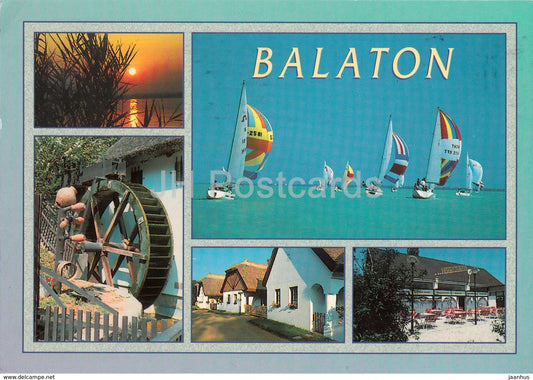 Greetings from Balaton - sailing boat - watermill - multiview - 1998 - Hungary - used - JH Postcards