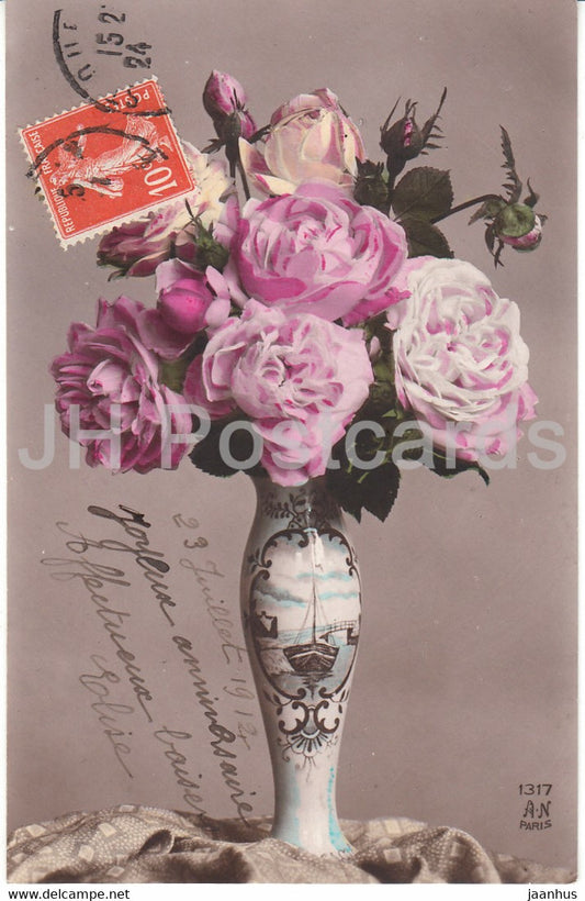 flowers in a vase - 1317 AN Paris - old postcard - 1912 - France - used - JH Postcards