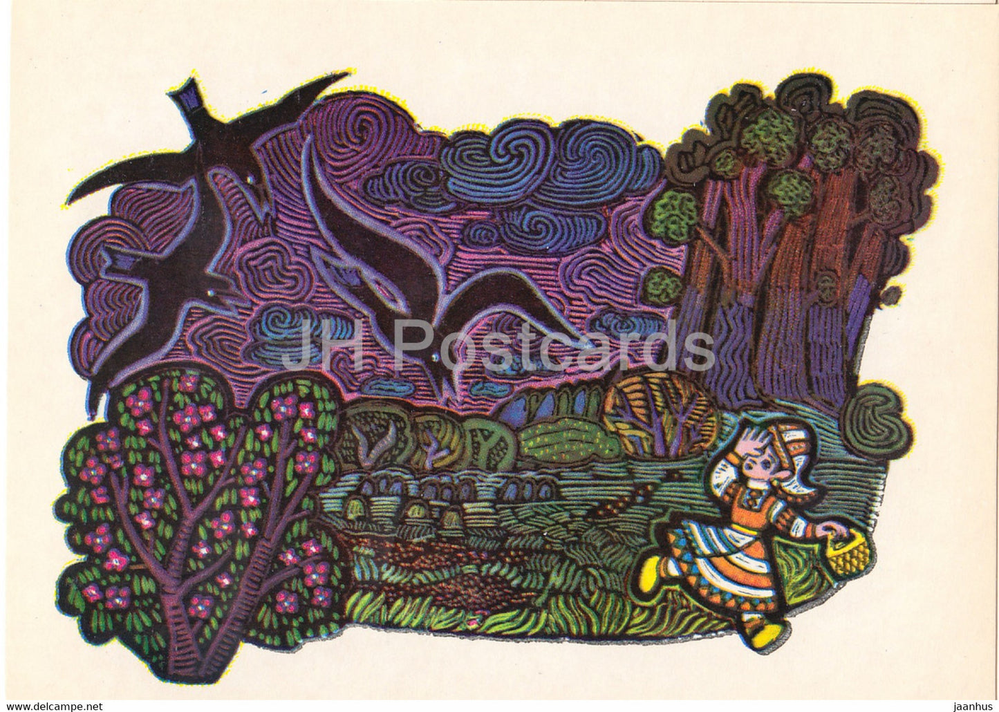 illustration by V. Ignatov - Girl with a spindle - black birds - Komi fairy tale - 1977 - Russia USSR - unused - JH Postcards