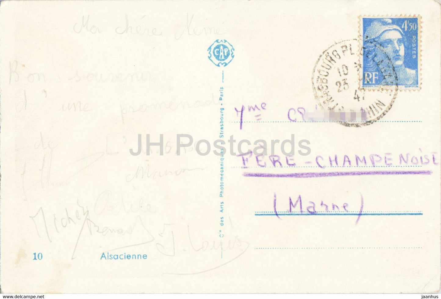 Alsacienne – 10 – Trachten – alte Postkarte – 1947 – Frankreich – gebraucht