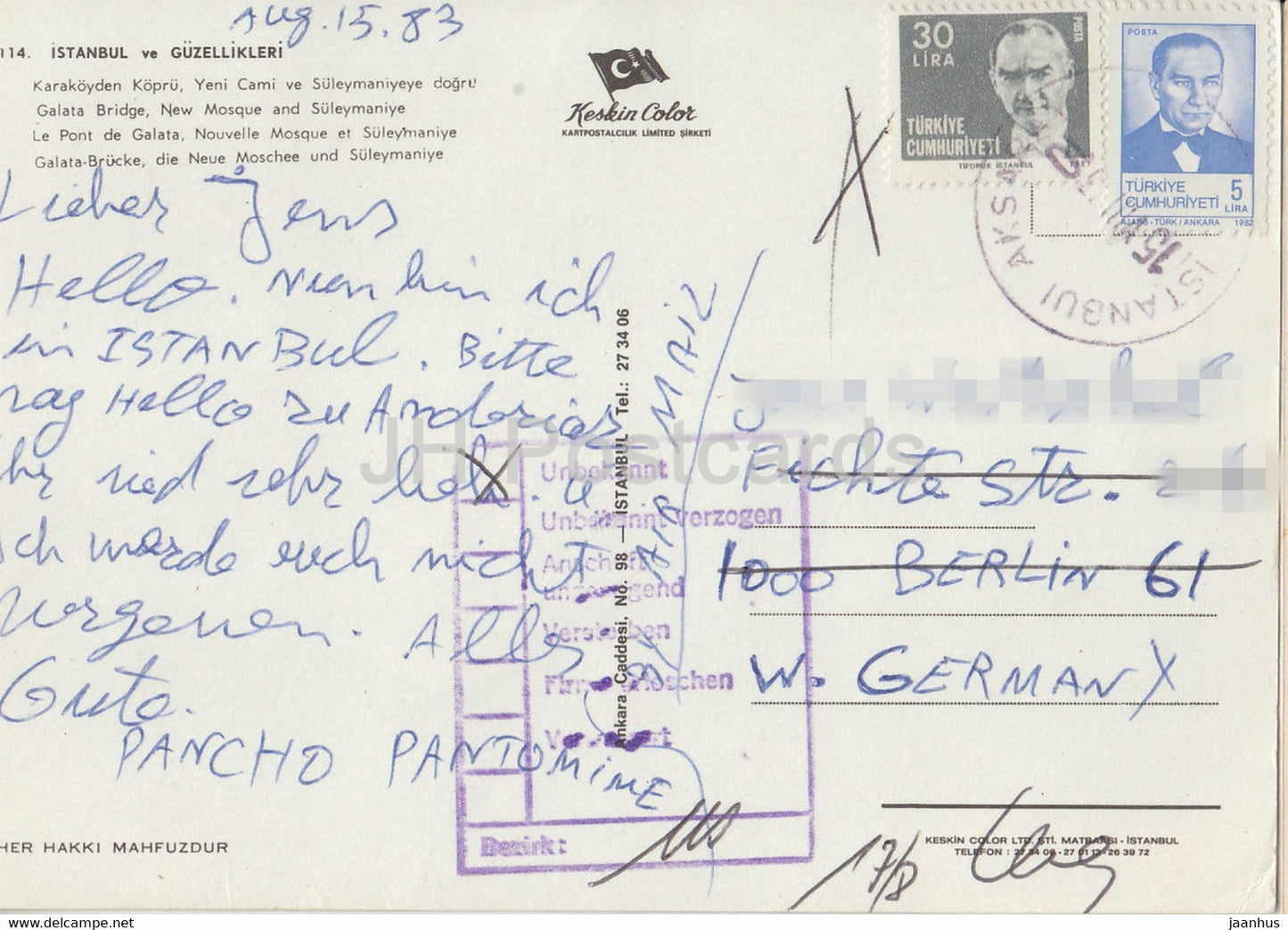 Istanbul - Pont de Galata - Nouvelle Mosquée et Suleymaniye - navire - voiture - 1983 - Turquie - utilisé