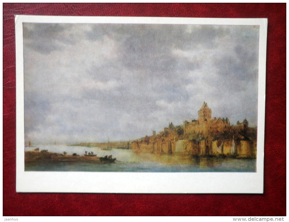 painting by Jan van Goyen - The Valkhof at Nijmegen, with a coach on a ferry on the River , 1649 - dutch art - unused - JH Postcards