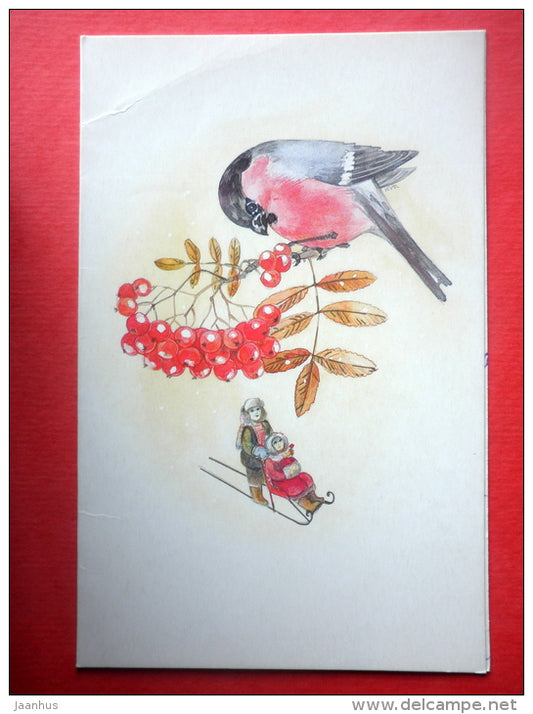 Christmas Greeting Card by K. Viljamaa-Rissanen - bullfinch - rowan - sledge - Finland - circulated in Finland 1986 - JH Postcards