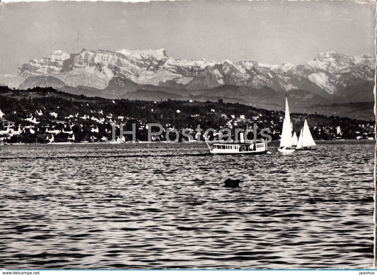 Zurich - Blick auf See und Alpen - steamer - sailing boat - 1952 - Switzerland - used - JH Postcards