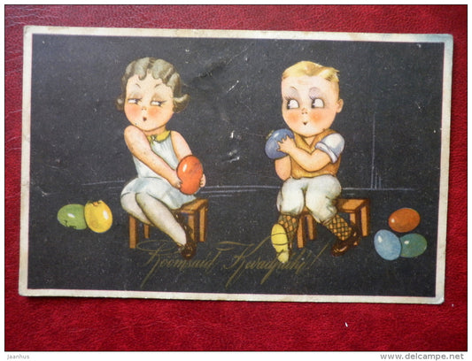 Easter Greeting Card - boy and girl - eggs - RTK 562 - 1920s-1930s - Estonia - used - JH Postcards