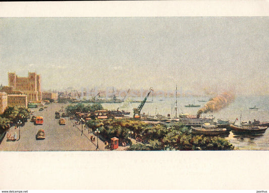painting by N. Abdurakhmanov and N. Kasumov - Baku view - port - Azerbaijan art - 1954 - Russia USSR - unused - JH Postcards