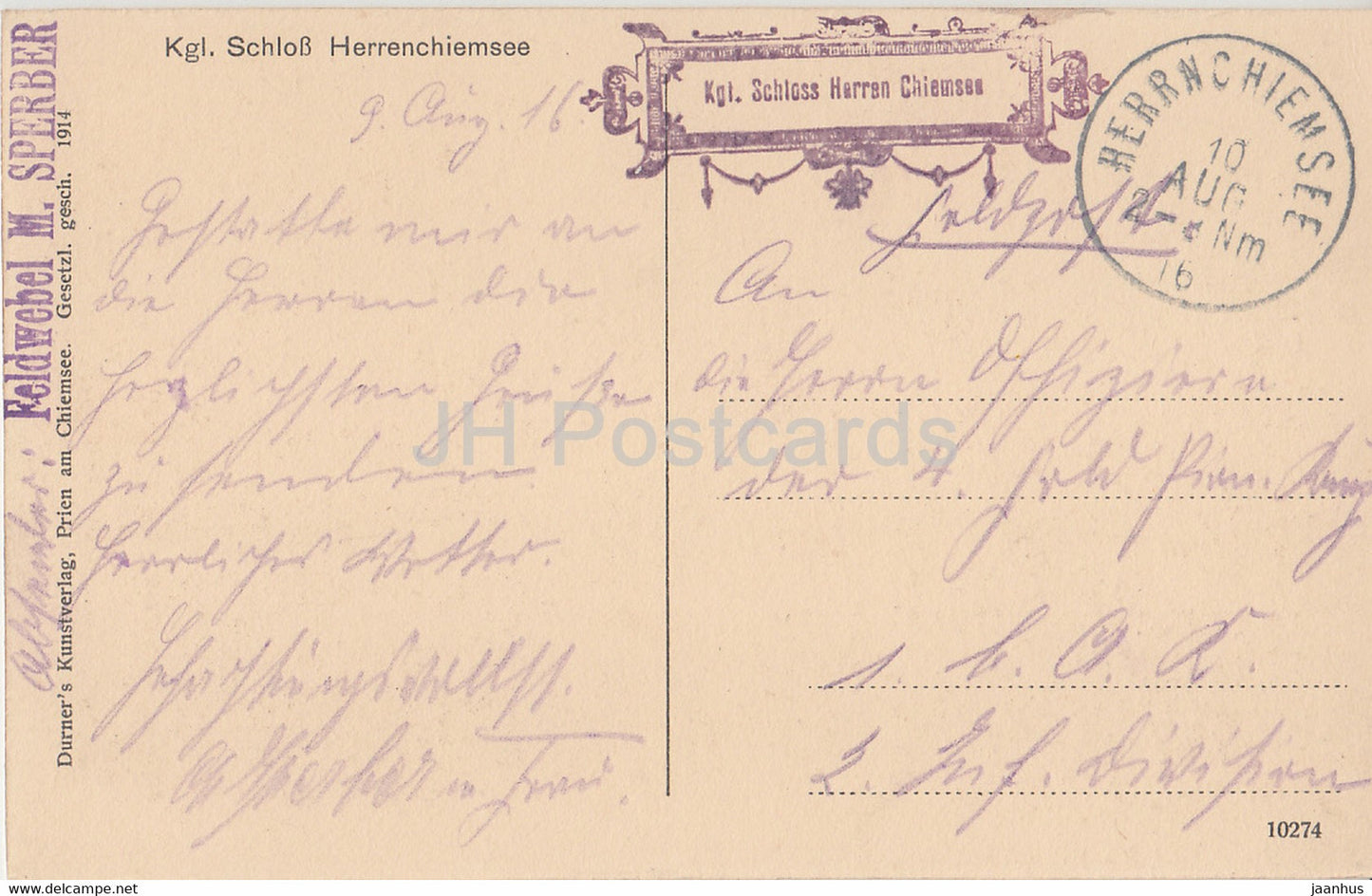 Kgl Schloss Herrenchiemsee - Feldpost - Feldwebel M. Sperber - 10274 - old postcard - 1916 - Germany - used