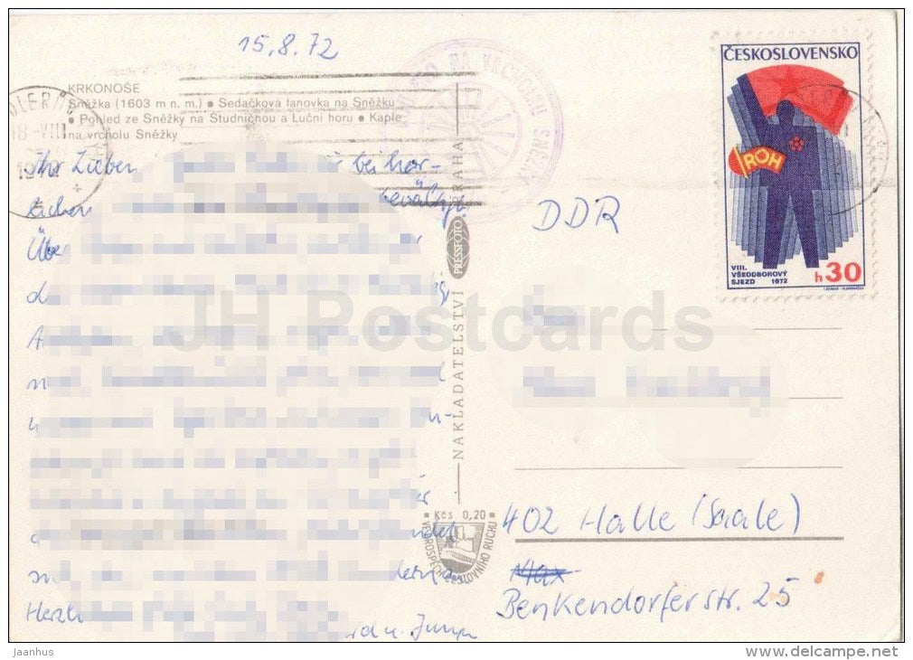 Snezka mountain - Krkonoše - chairlifts - Chapel on top of the mountain - Czechoslovakia - Czech - used - JH Postcards