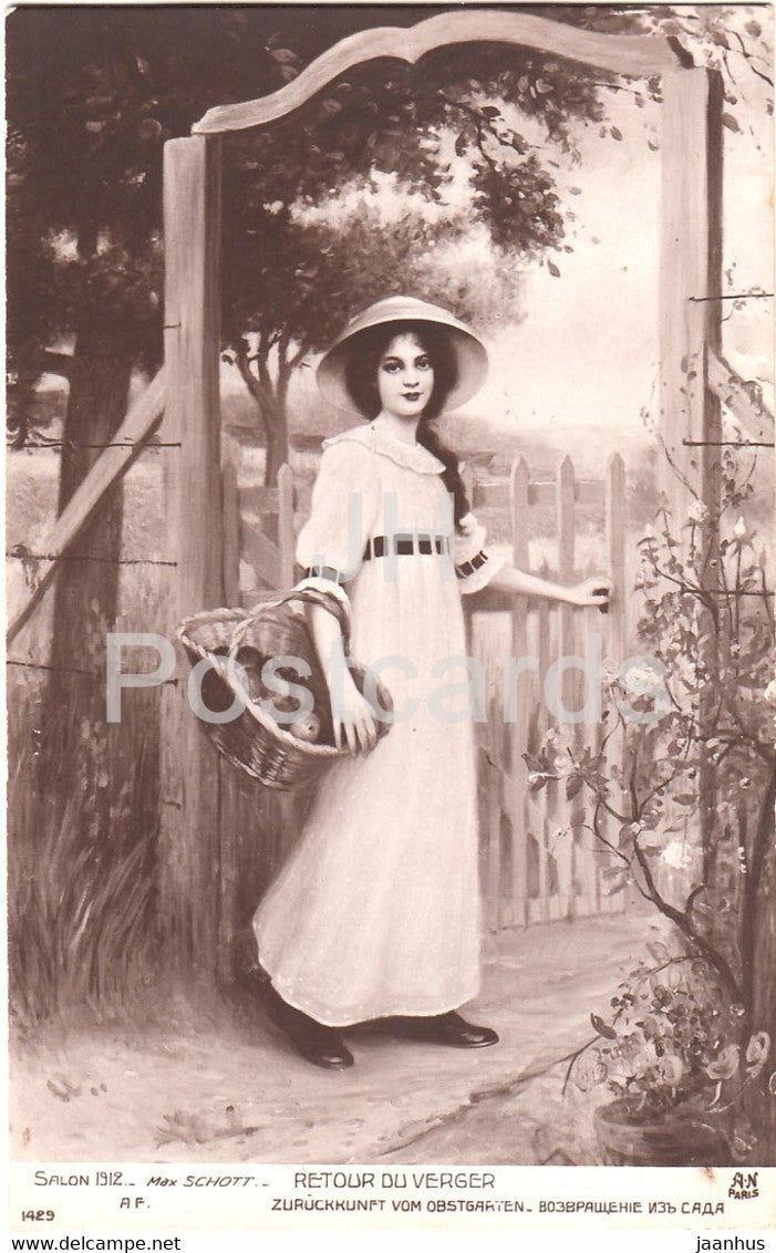 painting by Max Schott - Retour du Verger - young woman - AN Paris 1429 - art - old postcard - France - unused - JH Postcards