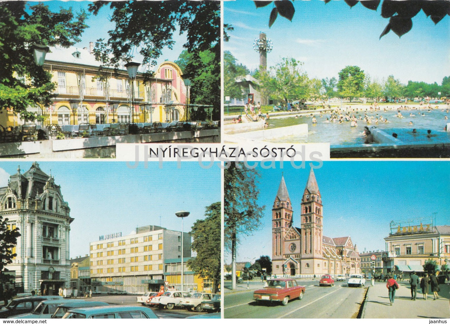 Nyiregyhaza - Sosto - pool - street - church - cars - multiview - 1977 - Hungary - used - JH Postcards