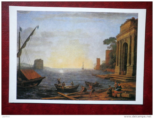 painting by Claude Lorrain - Sea â€‹â€‹harbor at sunrise , 1674 - boat - sailin ship - french art - unused - JH Postcards