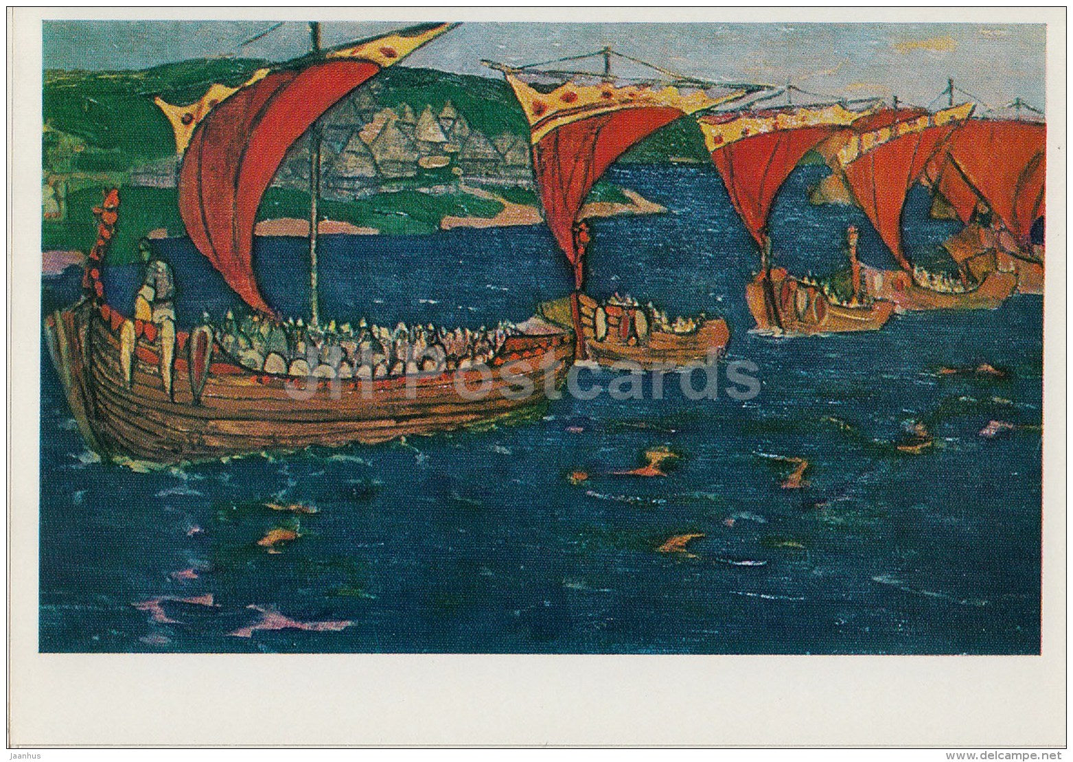 painting  by N. Roerich - Merchant Ships from over the Sea , early 1900s - Russian art - 1970 - Russia USSR - unused - JH Postcards