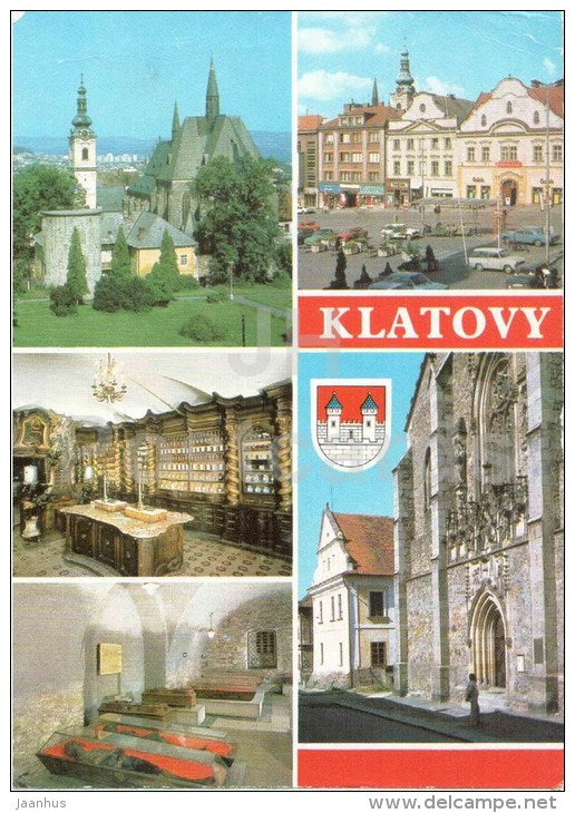 Greetings from Klatovy - town views - cathedral - Czechoslovakia - Czech - used 1989 - JH Postcards