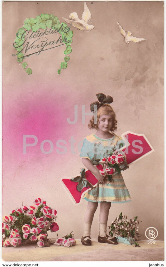 New Year Greeting Card - Gluckliches Neujahr - girl - flowers - birds - RB 552 - old postcard - 1923 - Germany - used - JH Postcards