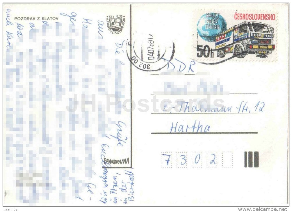 Greetings from Klatovy - town views - cathedral - Czechoslovakia - Czech - used 1989 - JH Postcards