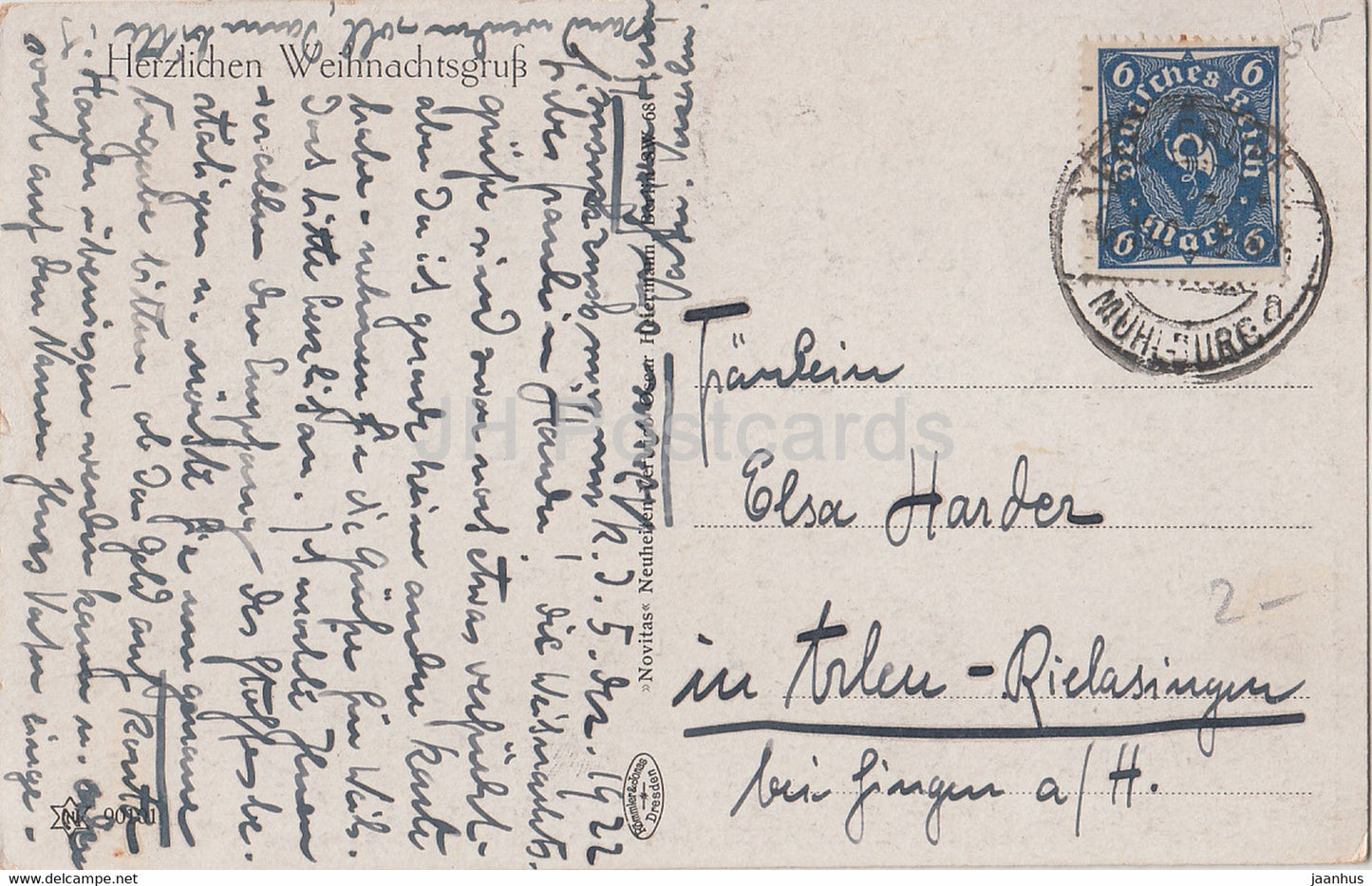 Christmas Greeting Card - Herzlichen Weihnachtsgruss - Novitas - 90101 - old postcard - 1922 - Germany - used