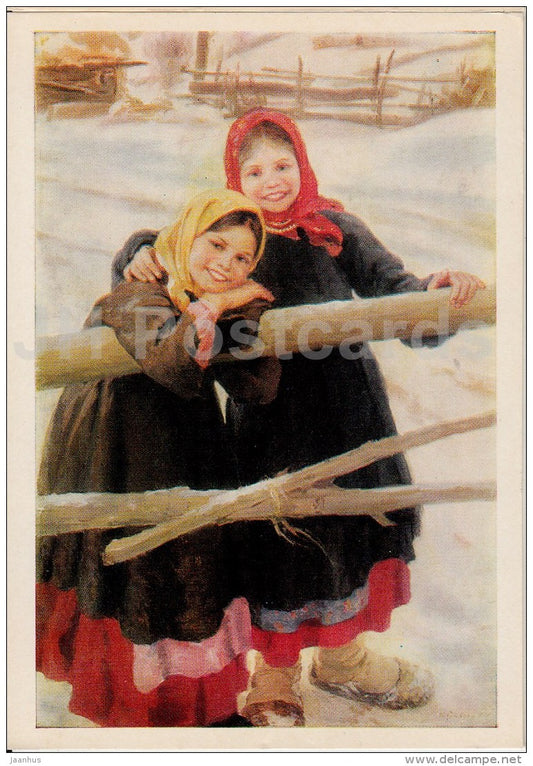 painting by F. Sychkov - Friends , 1909 - children - girls - russian art - 1982 - Russia USSR - unused - JH Postcards