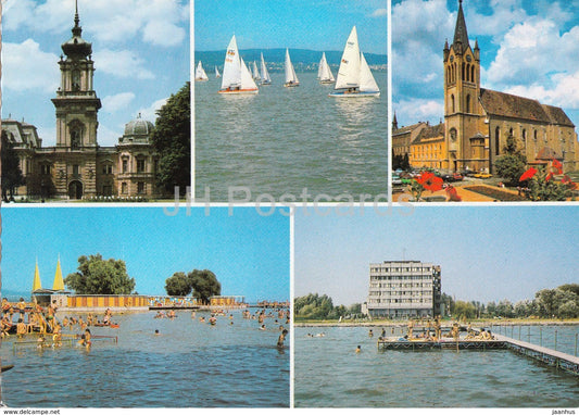 Keszthely - sailing boat - church - beach - architecture - multiview - 1980s - Hungary - used - JH Postcards