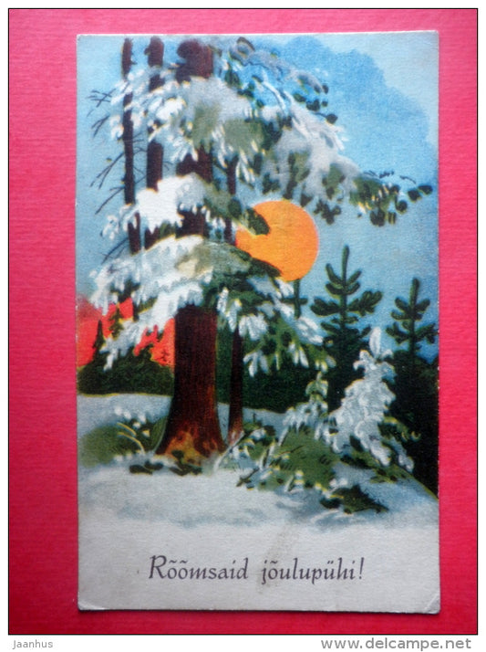 christmas greeting card - winter - forest - sun - circulated in Estonia Narva 1937 - JH Postcards