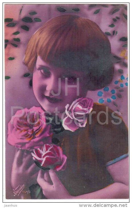 child with roses - flowers - Fotocelere 1754/2 - circulated in Estonia 1929 - JH Postcards